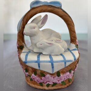 Vintage Ceramic Red Eyed Bunnies In a Basket Holiday Decoration Retro Easter